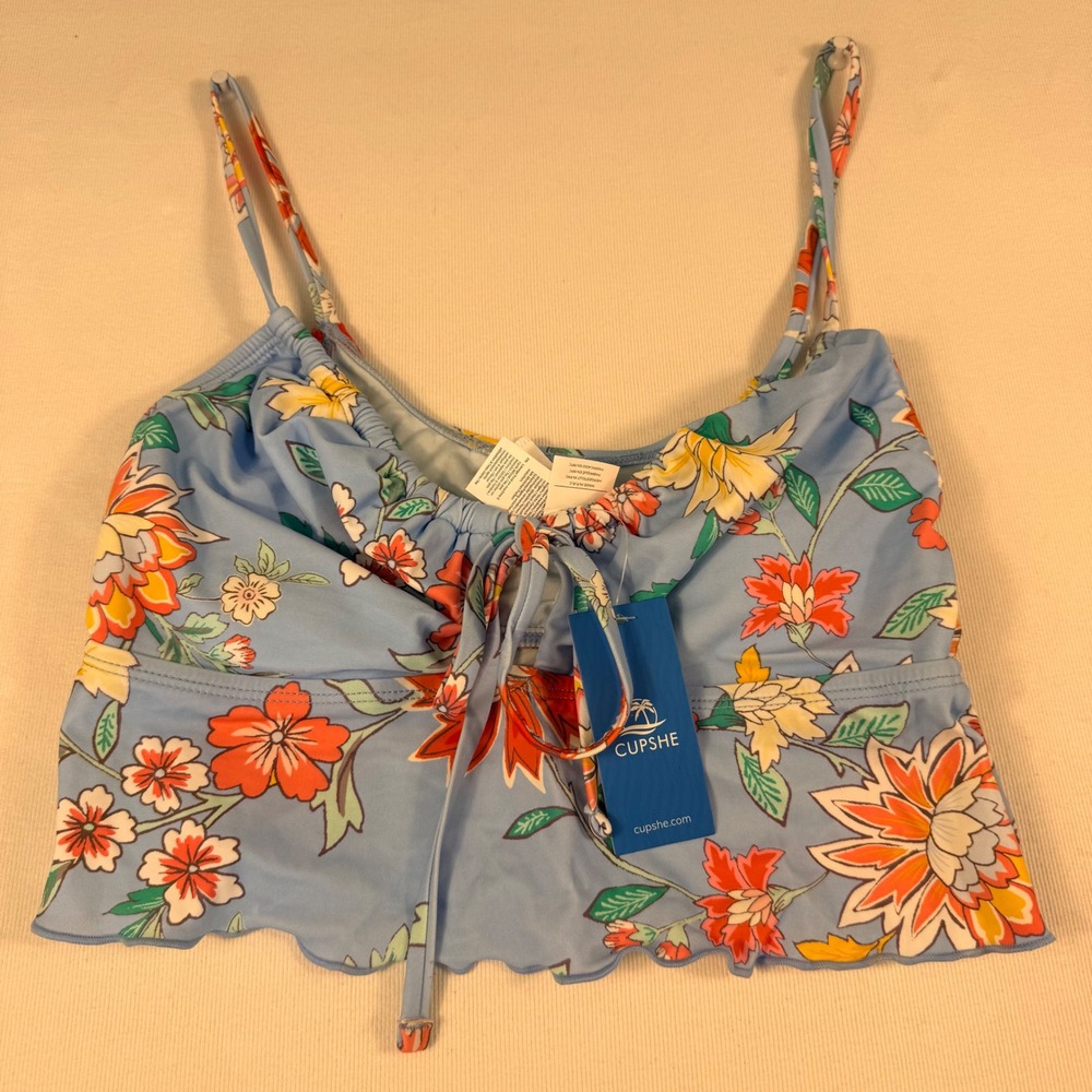 Cupshe Floral Bikini Set S Top M Bottom Blue Orange Ruffle Tie Front High Cut - Picture 10 of 16